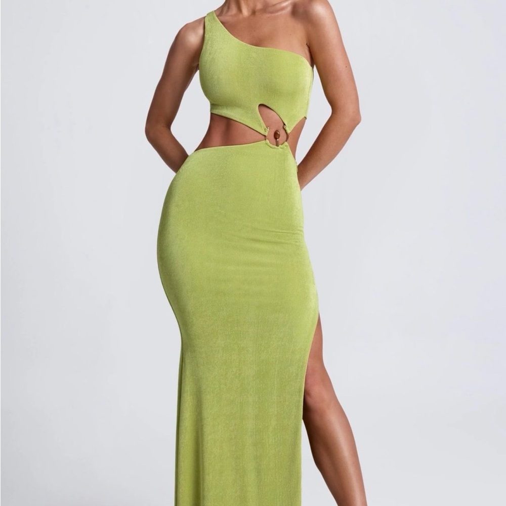 Oh Polly ROSALIA Hardware Detail One-Shoulder Maxi Dress in Olive Green